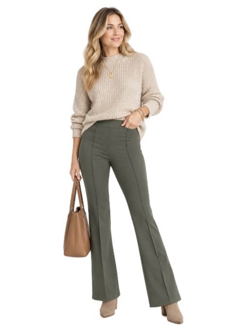 Loft, Olive Green High Rise Flare Pants Stretch Fall Workwear, Size 14